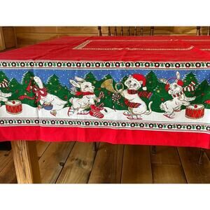 Vintage Christmas Tablecloth Animals Ice Skating Trees Winter Snow Cats 7x5